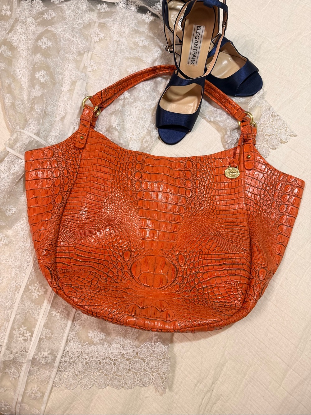 Brahmin Jacqueline Melbourne Orange Croc
Embossed Leather Large Hobo Tote
